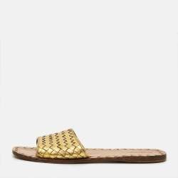 Pre Owned Bottega Veneta Ravello Size 41 Gold Intrecciato Leather Flat Slide