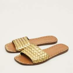 Pre Owned Bottega Veneta Ravello Size 41 Gold Intrecciato Leather Flat Slide
