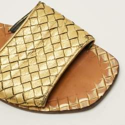 Pre Owned Bottega Veneta Ravello Size 41 Gold Intrecciato Leather Flat Slide