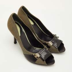 Pre Owned Bottega Veneta Fringe Detailed Size 39.5 Black/Green Canvas and Leather Peep Toe Pumps 
