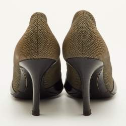 Pre Owned Bottega Veneta Fringe Detailed Size 39.5 Black/Green Canvas and Leather Peep Toe Pumps 