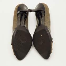 Pre Owned Bottega Veneta Fringe Detailed Size 39.5 Black/Green Canvas and Leather Peep Toe Pumps 