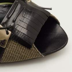 Pre Owned Bottega Veneta Fringe Detailed Size 39.5 Black/Green Canvas and Leather Peep Toe Pumps 