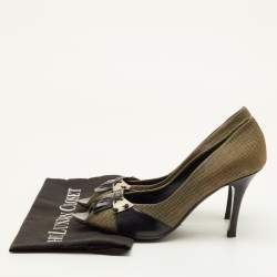 Pre Owned Bottega Veneta Fringe Detailed Size 39.5 Black/Green Canvas and Leather Peep Toe Pumps 