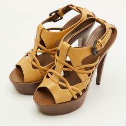 Pre Owned Bottega Veneta Size 38 Yellow Leather Strappy Platform Sandals