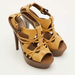 Pre Owned Bottega Veneta Size 38 Yellow Leather Strappy Platform Sandals