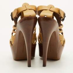 Pre Owned Bottega Veneta Size 38 Yellow Leather Strappy Platform Sandals