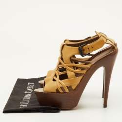 Pre Owned Bottega Veneta Size 38 Yellow Leather Strappy Platform Sandals