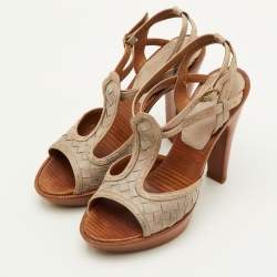 Pre Owned Bottega Veneta Size 36.5 Grey Intrecciato Leather Ankle Strap Platform Sandals 