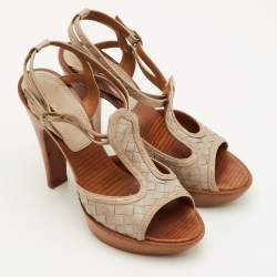 Pre Owned Bottega Veneta Size 36.5 Grey Intrecciato Leather Ankle Strap Platform Sandals 