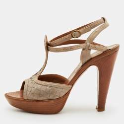 مملوكة مسبقًا صندل منصة بوتيغا فينيتا جلد انتريشاتو رمادي بحزام للكاحل مقاس 36.5