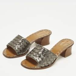 Pre Owned Bottega Veneta Ravello Size 38 Metallic Intrecciato Leather Slide Sandals