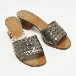 Pre Owned Bottega Veneta Ravello Size 38 Metallic Intrecciato Leather Slide Sandals