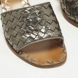 Pre Owned Bottega Veneta Ravello Size 38 Metallic Intrecciato Leather Slide Sandals