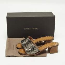 Pre Owned Bottega Veneta Ravello Size 38 Metallic Intrecciato Leather Slide Sandals