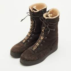 Pre Owned Bottega Veneta Intrecciato Size 39 Dark Brown Suede Shearling Lace Up Ankle Length Boots