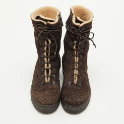 Pre Owned Bottega Veneta Intrecciato Size 39 Dark Brown Suede Shearling Lace Up Ankle Length Boots