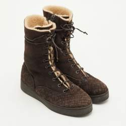 Pre Owned Bottega Veneta Intrecciato Size 39 Dark Brown Suede Shearling Lace Up Ankle Length Boots