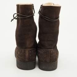 Pre Owned Bottega Veneta Intrecciato Size 39 Dark Brown Suede Shearling Lace Up Ankle Length Boots
