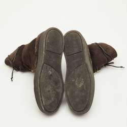 Pre Owned Bottega Veneta Intrecciato Size 39 Dark Brown Suede Shearling Lace Up Ankle Length Boots