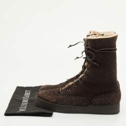 Pre Owned Bottega Veneta Intrecciato Size 39 Dark Brown Suede Shearling Lace Up Ankle Length Boots