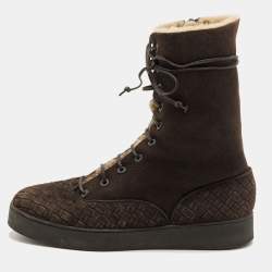 Pre Owned Bottega Veneta Intrecciato Size 39 Dark Brown Suede Shearling Lace Up Ankle Length Boots