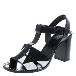Pre Owned Bottega Veneta Black/White Canvas And Leather T-Strap Sandals Size 39.5