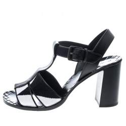 Pre Owned Bottega Veneta Black/White Canvas And Leather T-Strap Sandals Size 39.5