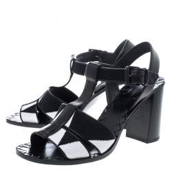 Pre Owned Bottega Veneta Black/White Canvas And Leather T-Strap Sandals Size 39.5