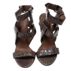 Bottega Veneta Brown Alligator Leather Ankle Strap Sandals Size 37.5