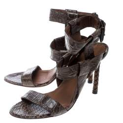 Bottega Veneta Brown Alligator Leather Ankle Strap Sandals Size 37.5
