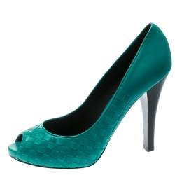 Pre Owned Bottega Veneta Green Leather Intrecciato Peep Toe Platform Pumps Size 41