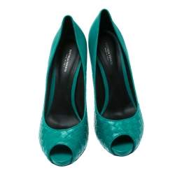 Pre Owned Bottega Veneta Green Leather Intrecciato Peep Toe Platform Pumps Size 41
