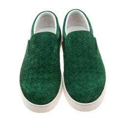 Pre Owned Bottega Veneta Green Intrecciato Suede Slip On Sneakers Size 39