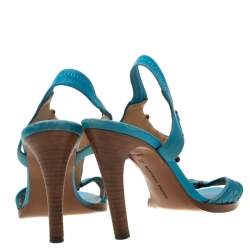 Pre Owned Bottega Veneta Blue Intrecciato Leather T Strap Sandals Size 37