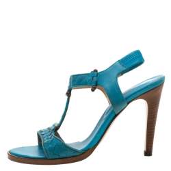 Pre Owned Bottega Veneta Blue Intrecciato Leather T Strap Sandals Size 37