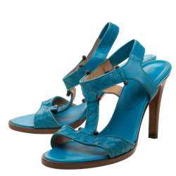 Pre Owned Bottega Veneta Blue Intrecciato Leather T Strap Sandals Size 37