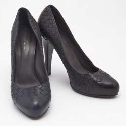 Bottega Veneta Black Leather Intrecciato Detail Platform Pumps Size 39.5