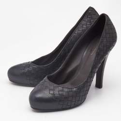 Bottega Veneta Black Leather Intrecciato Detail Platform Pumps Size 39.5