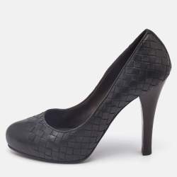 Bottega Veneta Black Leather Intrecciato Detail Platform Pumps Size 39.5
