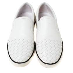 Pre Owned Bottega Veneta White Intrecciato Leather Dodger Slip On Sneakers Size 37.5