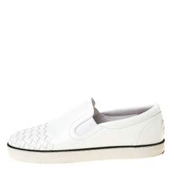 Pre Owned Bottega Veneta White Intrecciato Leather Dodger Slip On Sneakers Size 37.5