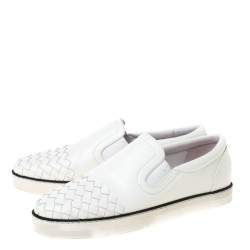 Pre Owned Bottega Veneta White Intrecciato Leather Dodger Slip On Sneakers Size 37.5