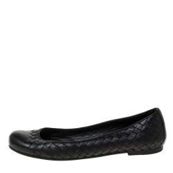 Pre Owned Bottega Veneta Black Intrecciato Leather Ballet Flats Size 38