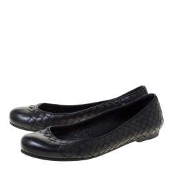 Pre Owned Bottega Veneta Black Intrecciato Leather Ballet Flats Size 38