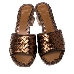 Pre Owned Bottega Veneta Metallic Brown Leather Intrecciato Sandals Size 36