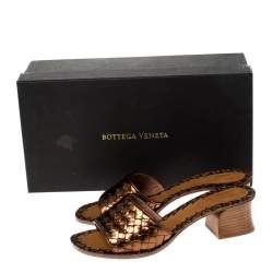 Pre Owned Bottega Veneta Metallic Brown Leather Intrecciato Sandals Size 36