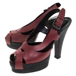 Pre Owned Bottega Veneta Burgundy Leather Peep Toe Platform Slingback Sandals Size 39