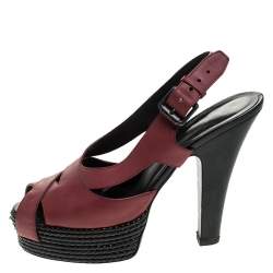 Pre Owned Bottega Veneta Burgundy Leather Peep Toe Platform Slingback Sandals Size 39