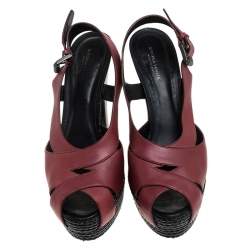 Pre Owned Bottega Veneta Burgundy Leather Peep Toe Platform Slingback Sandals Size 39